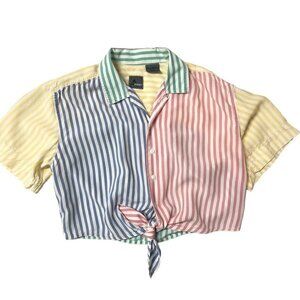 Vtg Crop Top Medium Color Block Striped Tie Front 90s Beachy Preppy Retro Y2K